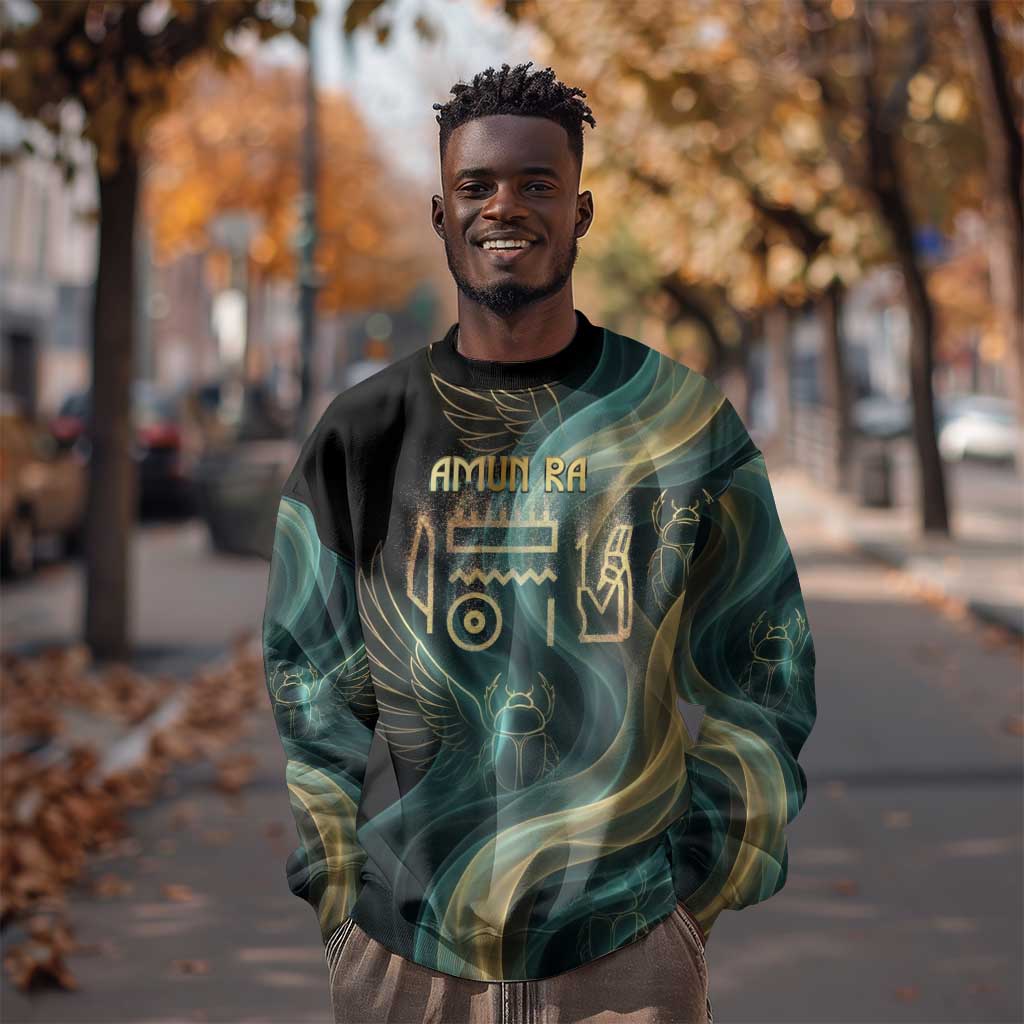 Amun Ancient Egyptian Sweatshirt with Mystical Smoke Swirl Pattern, Fiery Ram Head, and Hieroglyphic - Wonder Print Shop