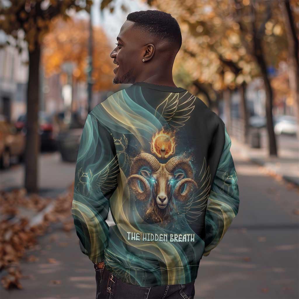 Amun Ancient Egyptian Sweatshirt with Mystical Smoke Swirl Pattern, Fiery Ram Head, and Hieroglyphic - Wonder Print Shop