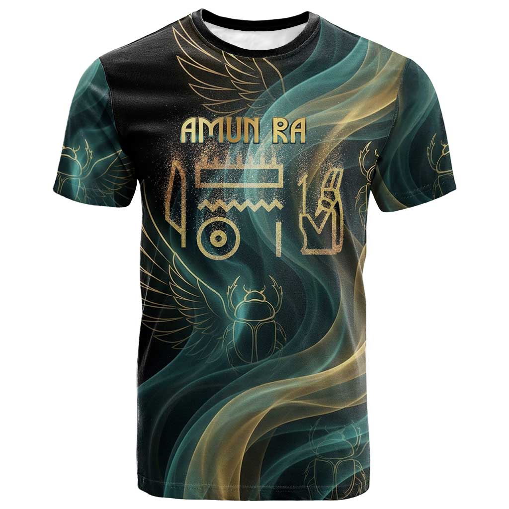 Amun Ancient Egyptian T shirt with Mystical Smoke Swirl Pattern, Fiery Ram Head, and Hieroglyphic - Wonder Print Shop
