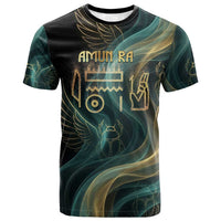 Amun Ancient Egyptian T shirt with Mystical Smoke Swirl Pattern, Fiery Ram Head, and Hieroglyphic - Wonder Print Shop
