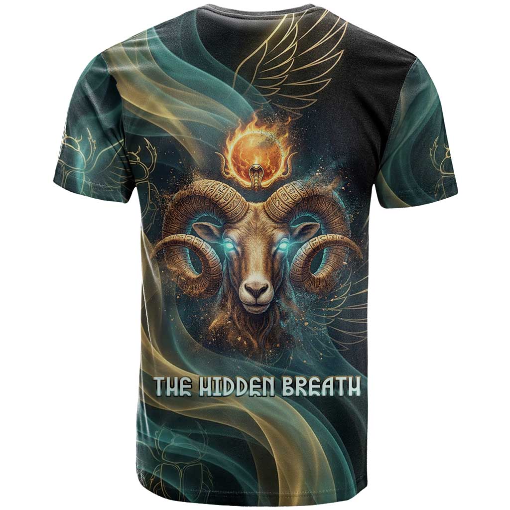 Amun Ancient Egyptian T shirt with Mystical Smoke Swirl Pattern, Fiery Ram Head, and Hieroglyphic - Wonder Print Shop