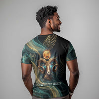 Amun Ancient Egyptian T shirt with Mystical Smoke Swirl Pattern, Fiery Ram Head, and Hieroglyphic - Wonder Print Shop
