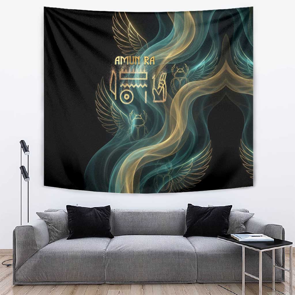 Amun Ancient Egyptian Tapestry with Mystical Smoke Swirl Pattern, Fiery Ram Head, and Hieroglyphic - Wonder Print Shop
