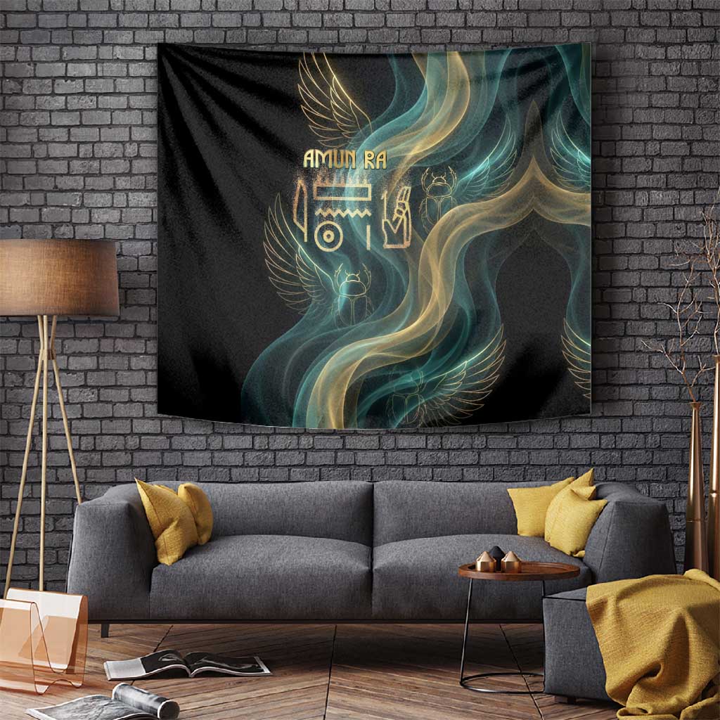 Amun Ancient Egyptian Tapestry with Mystical Smoke Swirl Pattern, Fiery Ram Head, and Hieroglyphic - Wonder Print Shop