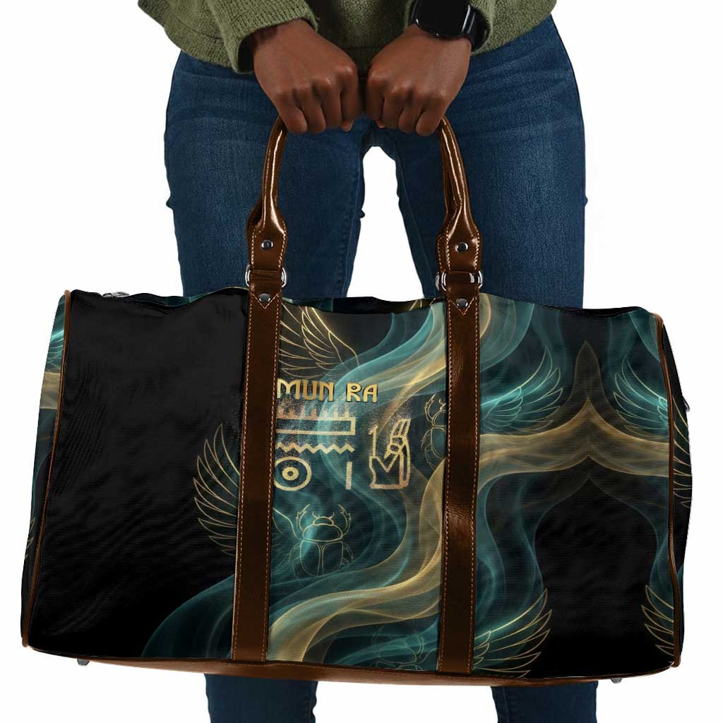 Amun Ancient Egyptian Travel Bag with Mystical Smoke Swirl Pattern, Fiery Ram Head, and Hieroglyphic - Wonder Print Shop