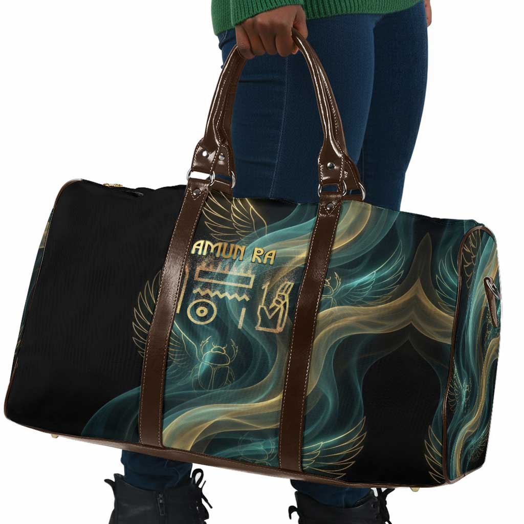 Amun Ancient Egyptian Travel Bag with Mystical Smoke Swirl Pattern, Fiery Ram Head, and Hieroglyphic - Wonder Print Shop