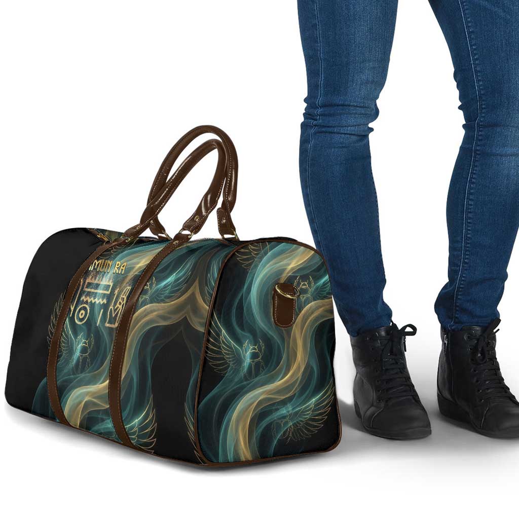 Amun Ancient Egyptian Travel Bag with Mystical Smoke Swirl Pattern, Fiery Ram Head, and Hieroglyphic - Wonder Print Shop