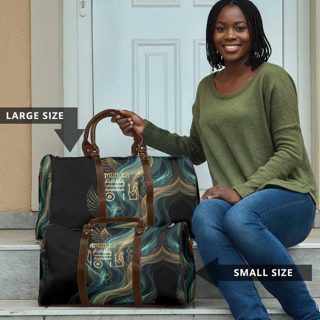 Amun Ancient Egyptian Travel Bag with Mystical Smoke Swirl Pattern, Fiery Ram Head, and Hieroglyphic - Wonder Print Shop