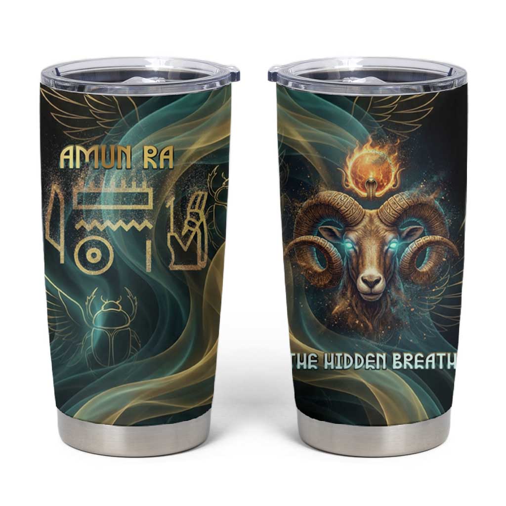 Amun Ancient Egyptian Tumbler Cup with Mystical Smoke Swirl Pattern, Fiery Ram Head, and Hieroglyphic - Wonder Print Shop