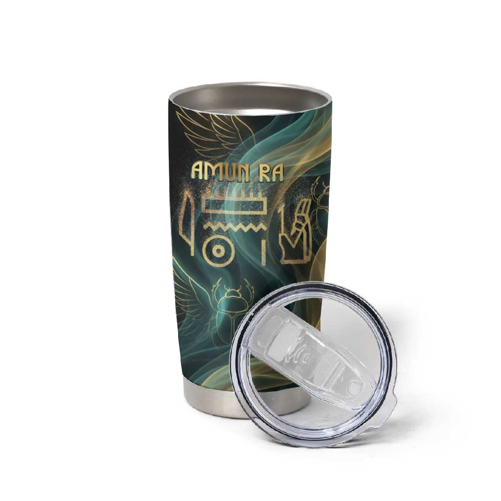 Amun Ancient Egyptian Tumbler Cup with Mystical Smoke Swirl Pattern, Fiery Ram Head, and Hieroglyphic - Wonder Print Shop