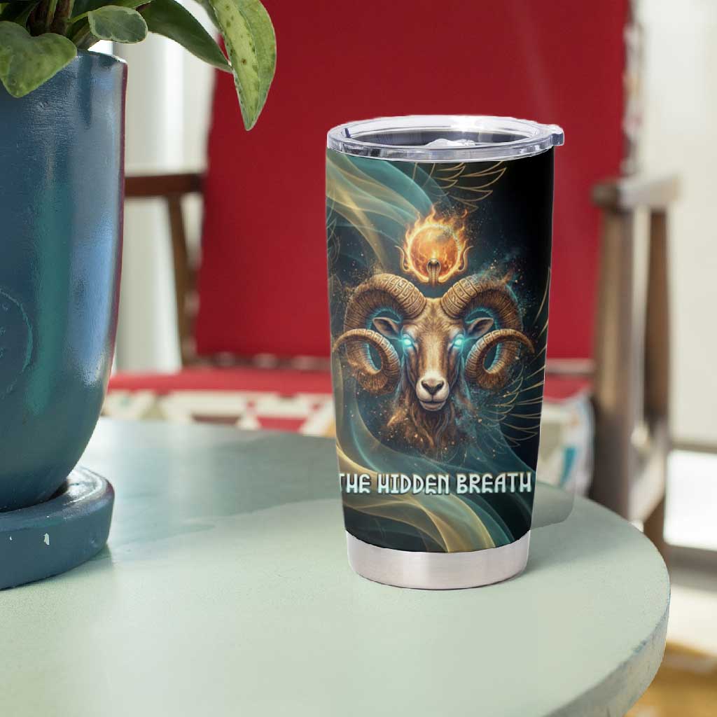 Amun Ancient Egyptian Tumbler Cup with Mystical Smoke Swirl Pattern, Fiery Ram Head, and Hieroglyphic - Wonder Print Shop
