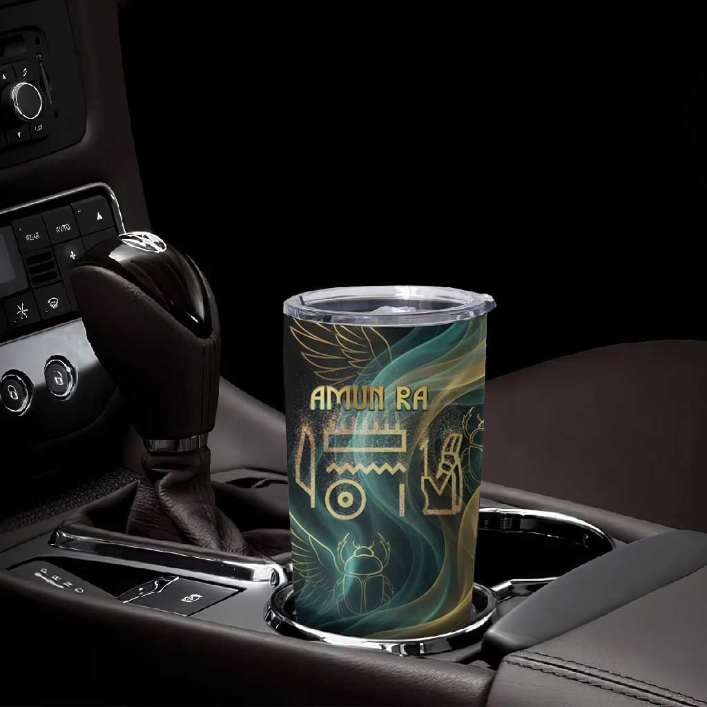 Amun Ancient Egyptian Tumbler Cup with Mystical Smoke Swirl Pattern, Fiery Ram Head, and Hieroglyphic - Wonder Print Shop