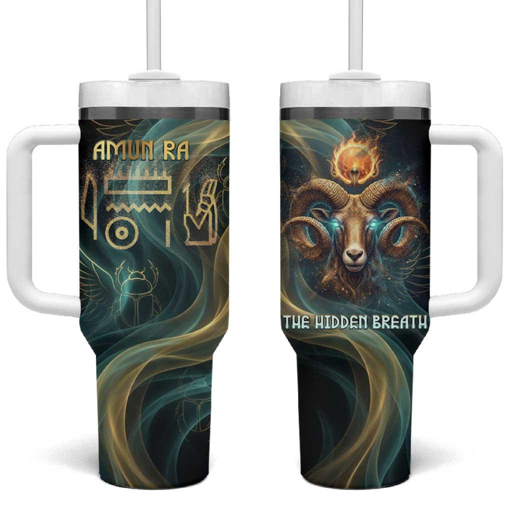 Amun Ancient Egyptian Tumbler With Handle with Mystical Smoke Swirl Pattern, Fiery Ram Head, and Hieroglyphic - Wonder Print Shop