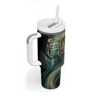 Amun Ancient Egyptian Tumbler With Handle with Mystical Smoke Swirl Pattern, Fiery Ram Head, and Hieroglyphic - Wonder Print Shop