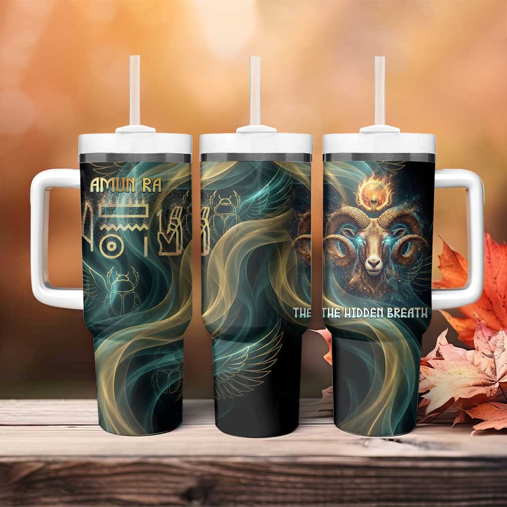 Amun Ancient Egyptian Tumbler With Handle with Mystical Smoke Swirl Pattern, Fiery Ram Head, and Hieroglyphic - Wonder Print Shop