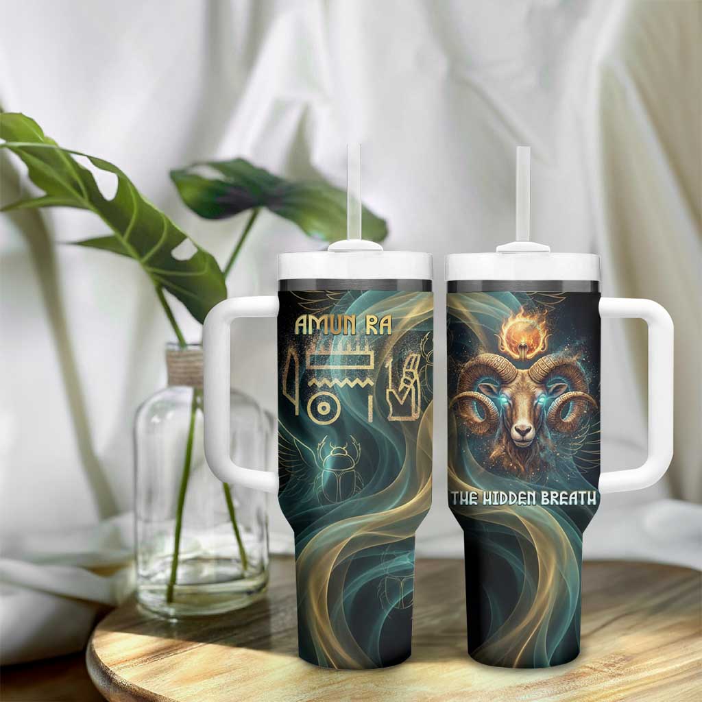 Amun Ancient Egyptian Tumbler With Handle with Mystical Smoke Swirl Pattern, Fiery Ram Head, and Hieroglyphic - Wonder Print Shop
