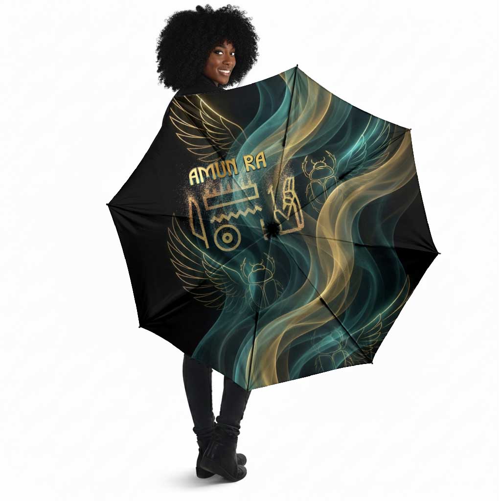 Amun Ancient Egyptian Umbrella with Mystical Smoke Swirl Pattern, Fiery Ram Head, and Hieroglyphic - Wonder Print Shop