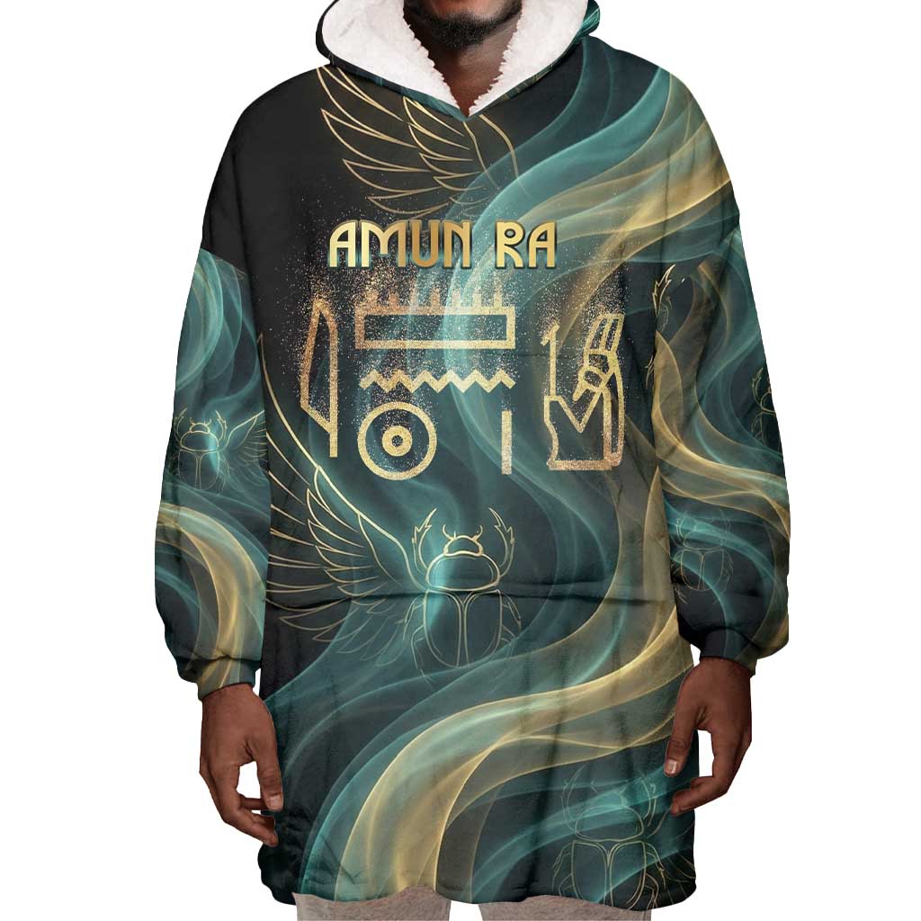 Amun Ancient Egyptian Wearable Blanket Hoodie with Mystical Smoke Swirl Pattern, Fiery Ram Head, and Hieroglyphic - Wonder Print Shop