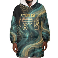 Amun Ancient Egyptian Wearable Blanket Hoodie with Mystical Smoke Swirl Pattern, Fiery Ram Head, and Hieroglyphic - Wonder Print Shop