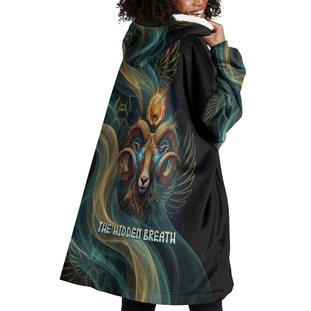 Amun Ancient Egyptian Wearable Blanket Hoodie with Mystical Smoke Swirl Pattern, Fiery Ram Head, and Hieroglyphic - Wonder Print Shop