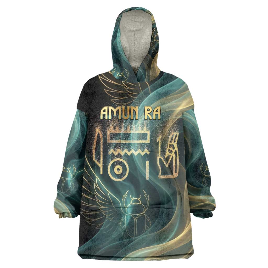 Amun Ancient Egyptian Wearable Blanket Hoodie with Mystical Smoke Swirl Pattern, Fiery Ram Head, and Hieroglyphic - Wonder Print Shop