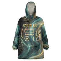 Amun Ancient Egyptian Wearable Blanket Hoodie with Mystical Smoke Swirl Pattern, Fiery Ram Head, and Hieroglyphic - Wonder Print Shop