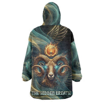 Amun Ancient Egyptian Wearable Blanket Hoodie with Mystical Smoke Swirl Pattern, Fiery Ram Head, and Hieroglyphic - Wonder Print Shop