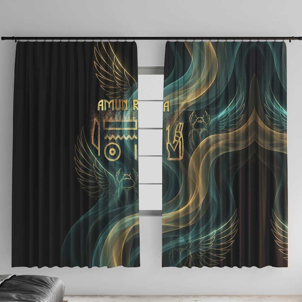 Amun Ancient Egyptian Window Curtain with Mystical Smoke Swirl Pattern, Fiery Ram Head, and Hieroglyphic - Wonder Print Shop