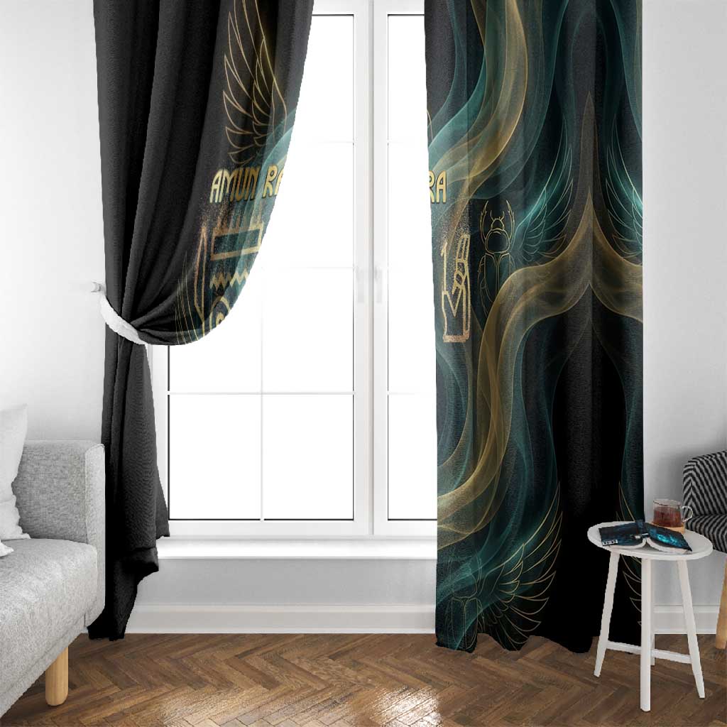 Amun Ancient Egyptian Window Curtain with Mystical Smoke Swirl Pattern, Fiery Ram Head, and Hieroglyphic - Wonder Print Shop
