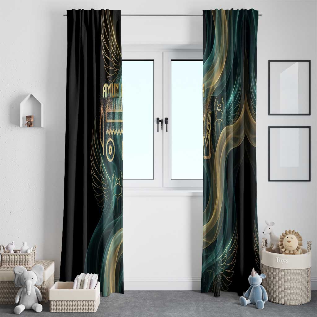 Amun Ancient Egyptian Window Curtain with Mystical Smoke Swirl Pattern, Fiery Ram Head, and Hieroglyphic - Wonder Print Shop