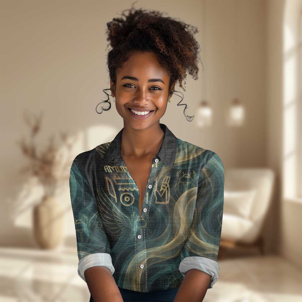 Amun Ancient Egyptian Women Casual Shirt with Mystical Smoke Swirl Pattern, Fiery Ram Head, and Hieroglyphic - Wonder Print Shop