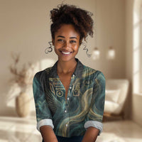 Amun Ancient Egyptian Women Casual Shirt with Mystical Smoke Swirl Pattern, Fiery Ram Head, and Hieroglyphic - Wonder Print Shop