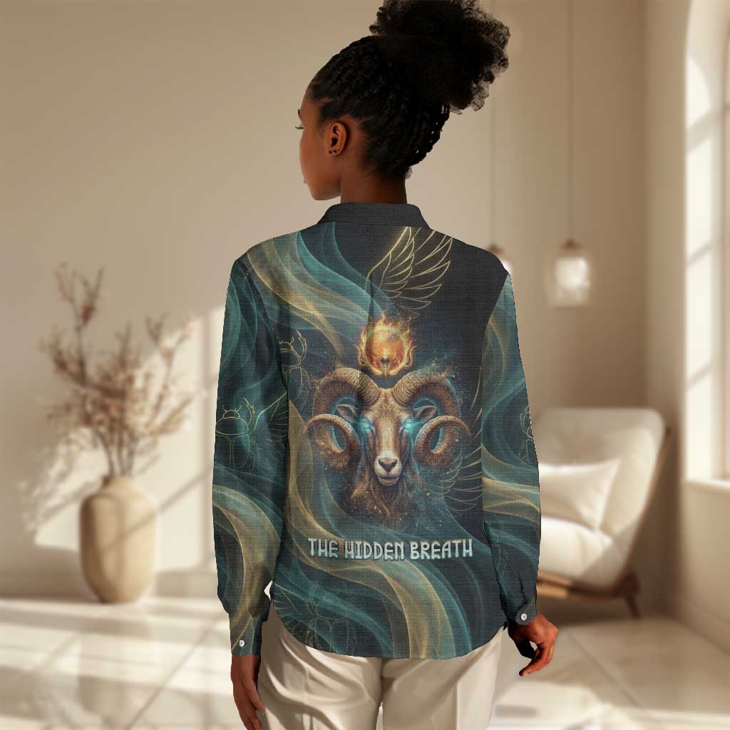 Amun Ancient Egyptian Women Casual Shirt with Mystical Smoke Swirl Pattern, Fiery Ram Head, and Hieroglyphic - Wonder Print Shop