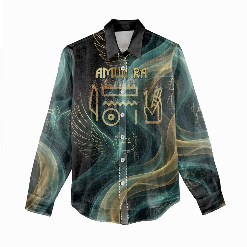Amun Ancient Egyptian Women Casual Shirt with Mystical Smoke Swirl Pattern, Fiery Ram Head, and Hieroglyphic - Wonder Print Shop