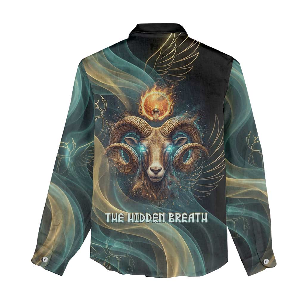 Amun Ancient Egyptian Women Casual Shirt with Mystical Smoke Swirl Pattern, Fiery Ram Head, and Hieroglyphic - Wonder Print Shop
