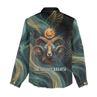 Amun Ancient Egyptian Women Casual Shirt with Mystical Smoke Swirl Pattern, Fiery Ram Head, and Hieroglyphic - Wonder Print Shop