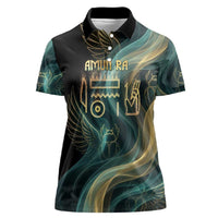 Amun Ancient Egyptian Women Polo Shirt with Mystical Smoke Swirl Pattern, Fiery Ram Head, and Hieroglyphic - Wonder Print Shop
