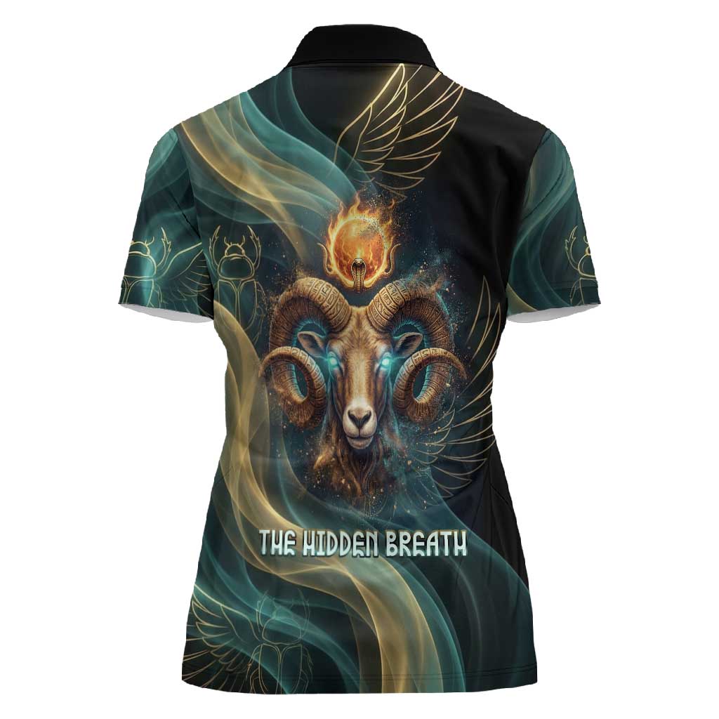 Amun Ancient Egyptian Women Polo Shirt with Mystical Smoke Swirl Pattern, Fiery Ram Head, and Hieroglyphic - Wonder Print Shop