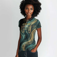Amun Ancient Egyptian Women Polo Shirt with Mystical Smoke Swirl Pattern, Fiery Ram Head, and Hieroglyphic - Wonder Print Shop