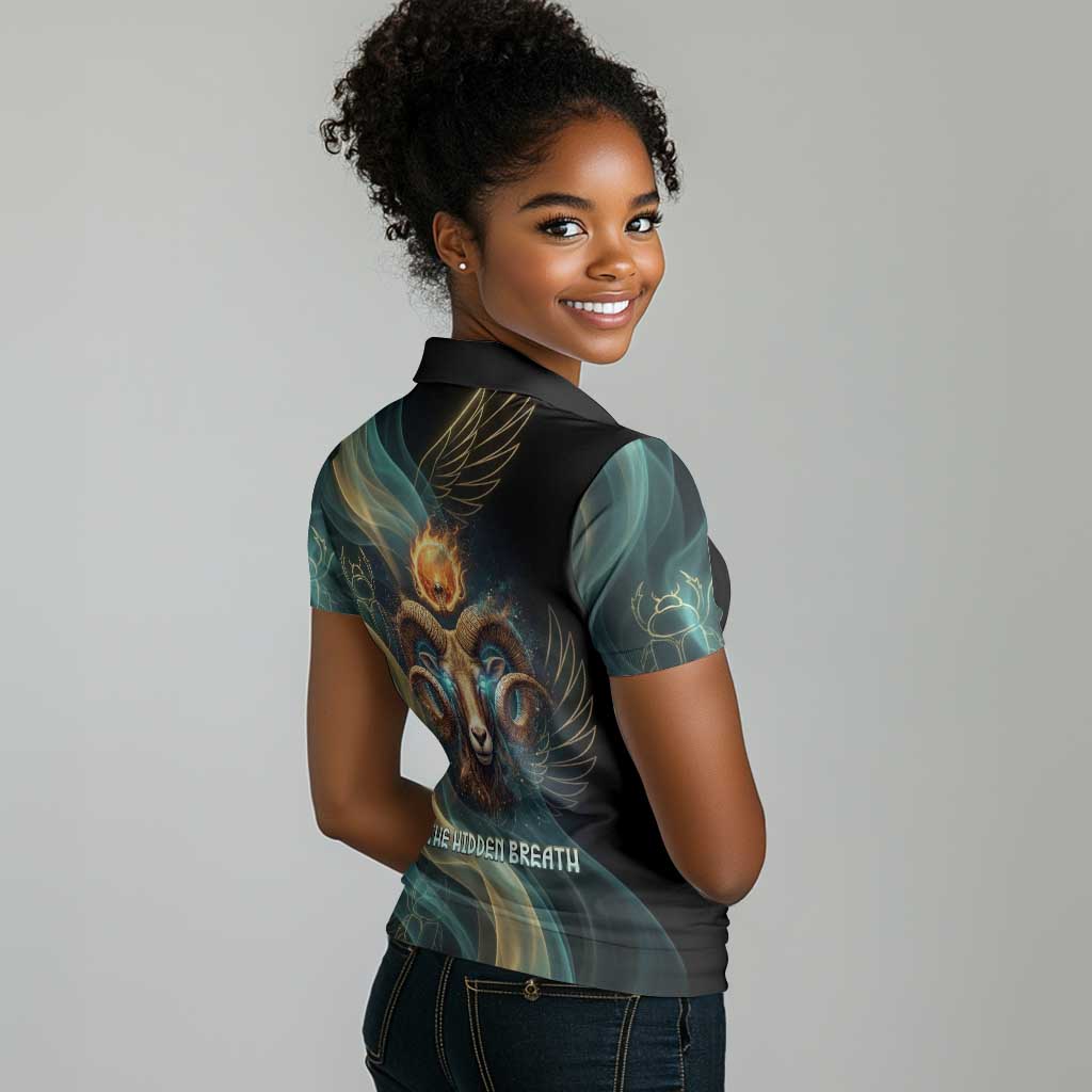 Amun Ancient Egyptian Women Polo Shirt with Mystical Smoke Swirl Pattern, Fiery Ram Head, and Hieroglyphic - Wonder Print Shop
