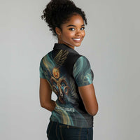Amun Ancient Egyptian Women Polo Shirt with Mystical Smoke Swirl Pattern, Fiery Ram Head, and Hieroglyphic - Wonder Print Shop