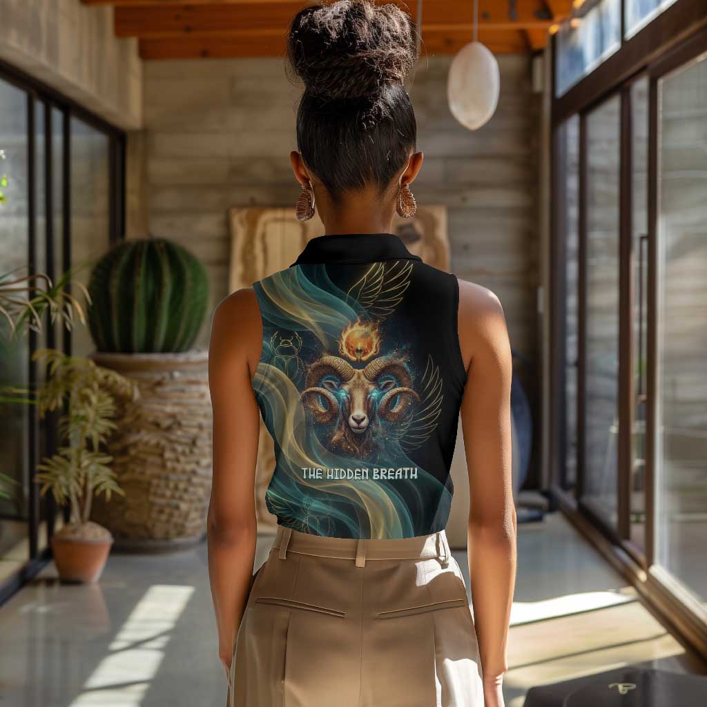 Amun Ancient Egyptian Women Sleeveless Polo Shirt with Mystical Smoke Swirl Pattern, Fiery Ram Head, and Hieroglyphic - Wonder Print Shop