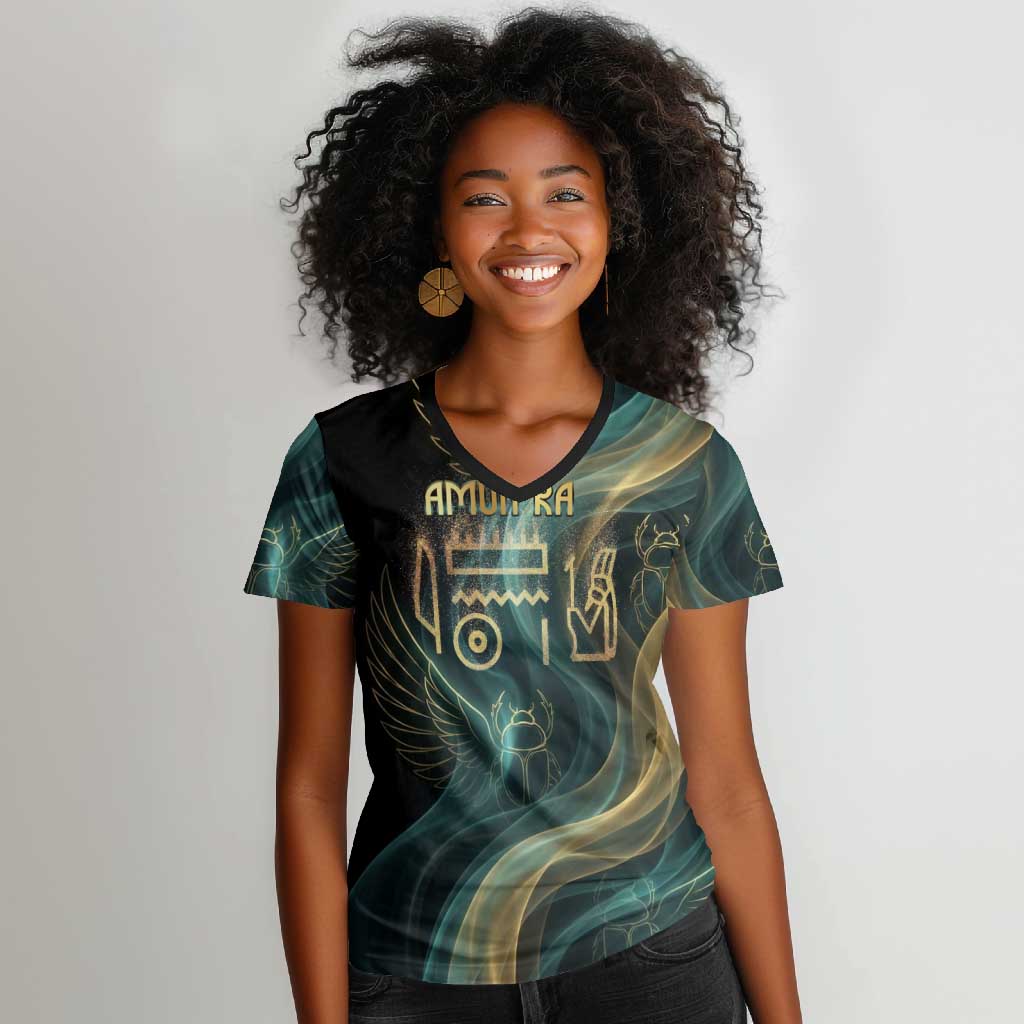 Amun Ancient Egyptian Women V-Neck T-Shirt with Mystical Smoke Swirl Pattern, Fiery Ram Head, and Hieroglyphic - Wonder Print Shop