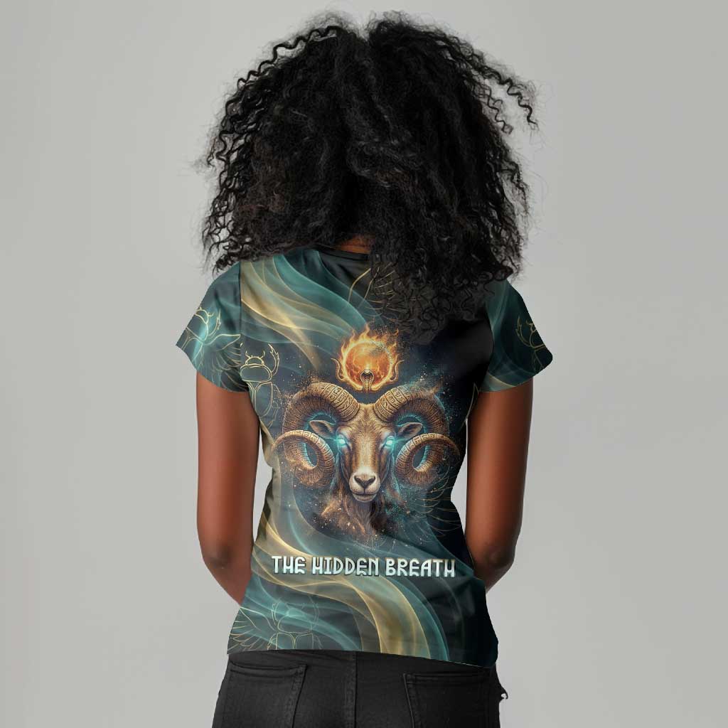 Amun Ancient Egyptian Women V-Neck T-Shirt with Mystical Smoke Swirl Pattern, Fiery Ram Head, and Hieroglyphic - Wonder Print Shop