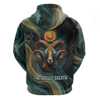 Amun Ancient Egyptian Zip Hoodie with Mystical Smoke Swirl Pattern, Fiery Ram Head, and Hieroglyphic - Wonder Print Shop
