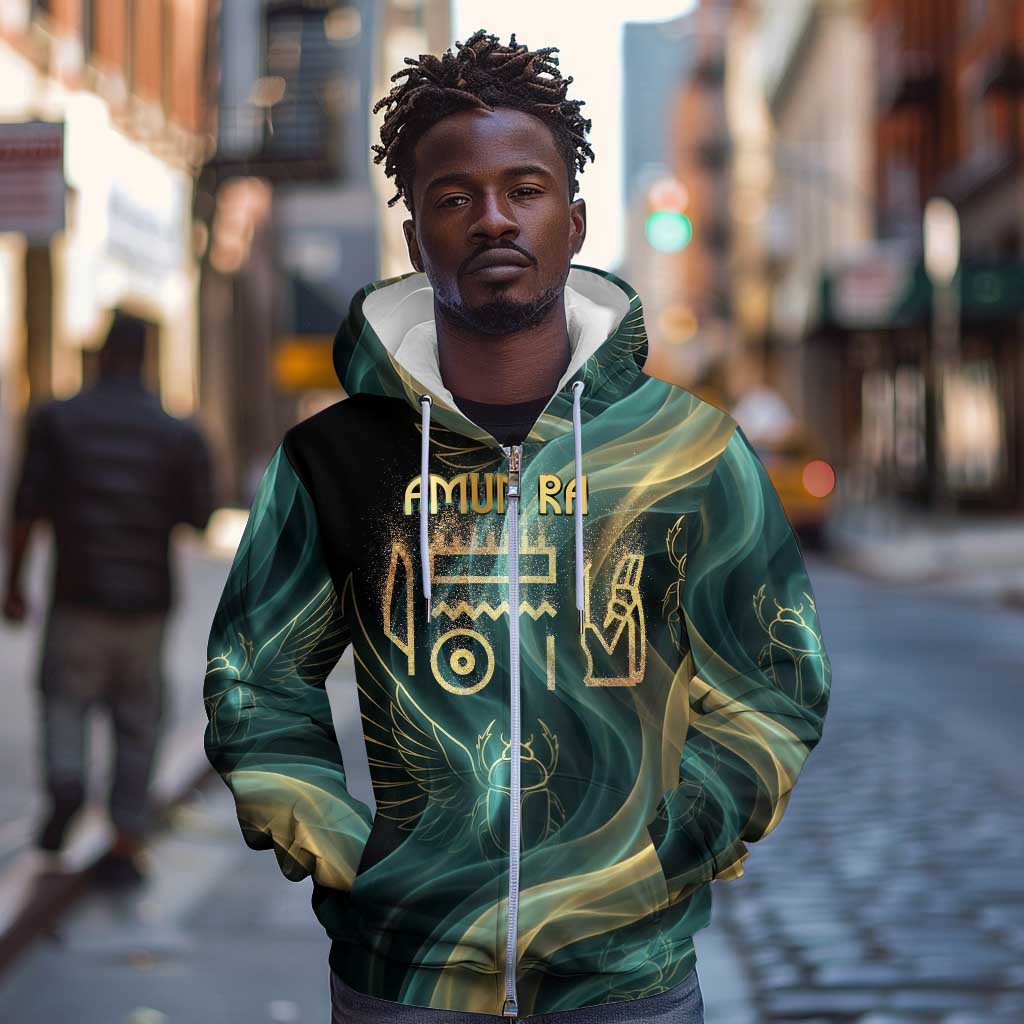 Amun Ancient Egyptian Zip Hoodie with Mystical Smoke Swirl Pattern, Fiery Ram Head, and Hieroglyphic - Wonder Print Shop
