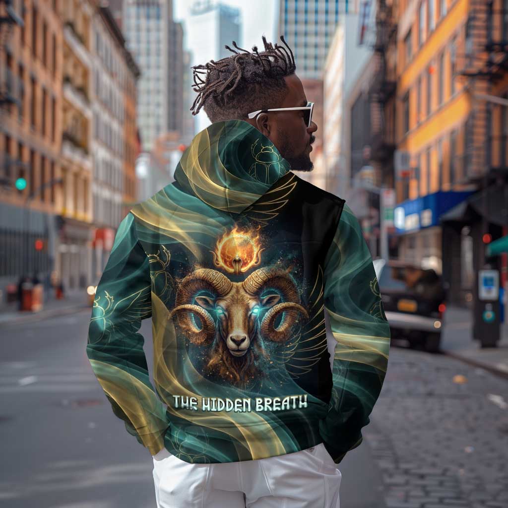 Amun Ancient Egyptian Zip Hoodie with Mystical Smoke Swirl Pattern, Fiery Ram Head, and Hieroglyphic - Wonder Print Shop