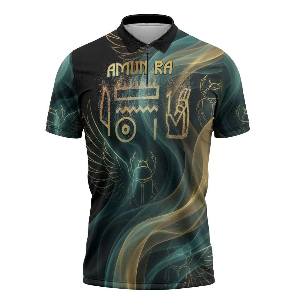 Amun Ancient Egyptian Zipper Polo Shirt with Mystical Smoke Swirl Pattern, Fiery Ram Head, and Hieroglyphic - Wonder Print Shop