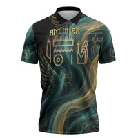 Amun Ancient Egyptian Zipper Polo Shirt with Mystical Smoke Swirl Pattern, Fiery Ram Head, and Hieroglyphic - Wonder Print Shop