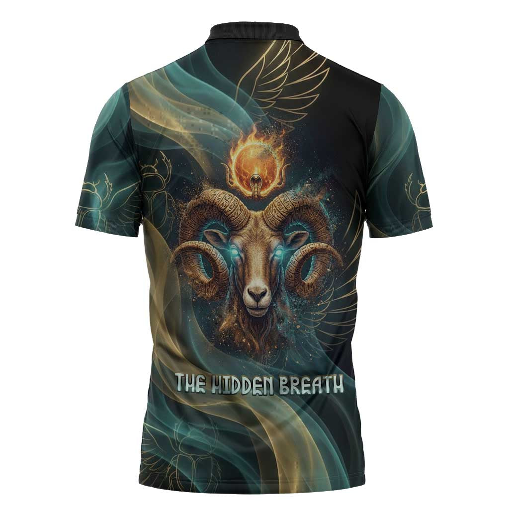 Amun Ancient Egyptian Zipper Polo Shirt with Mystical Smoke Swirl Pattern, Fiery Ram Head, and Hieroglyphic - Wonder Print Shop